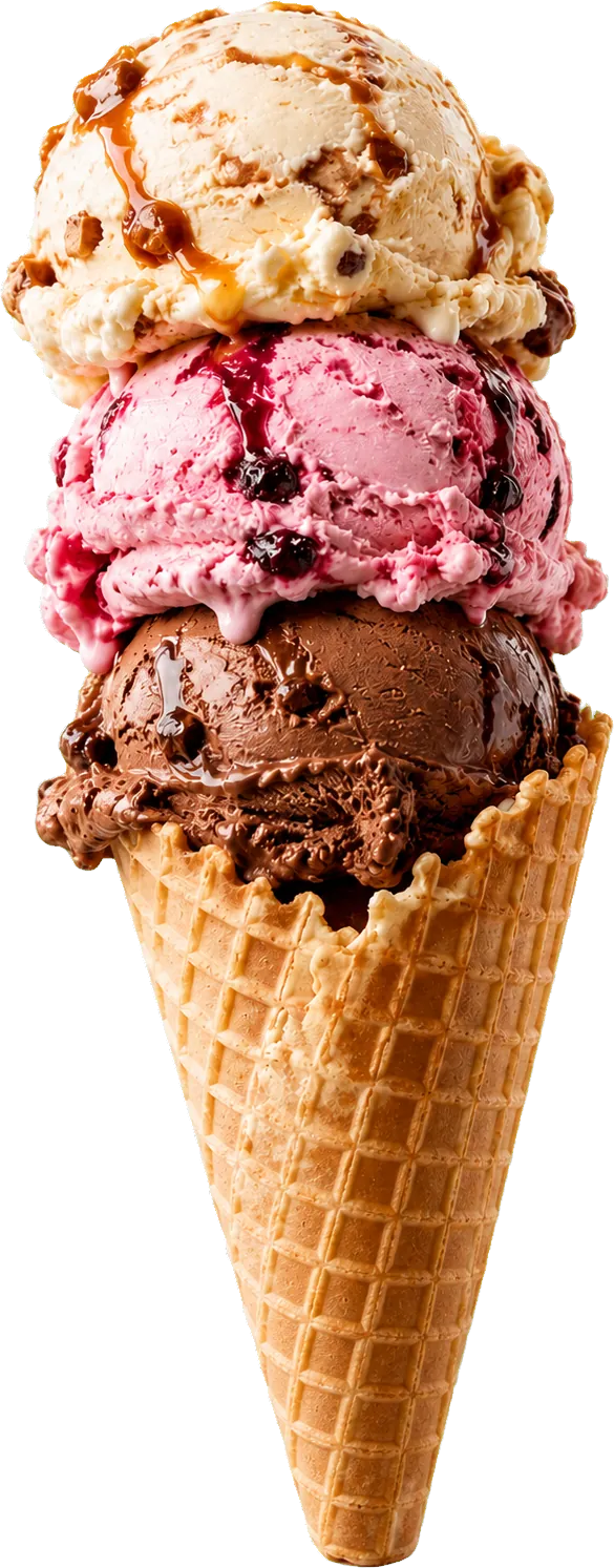 Cono de waffle de tres bolas con helado de caramelo, frutos rojos y chocolate