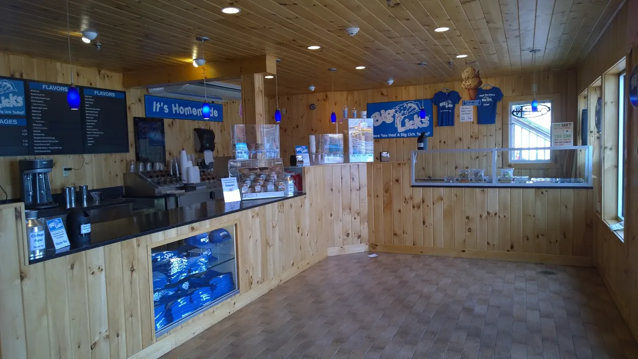 Inside the Big Licks shop, with the flavor case along the counter
